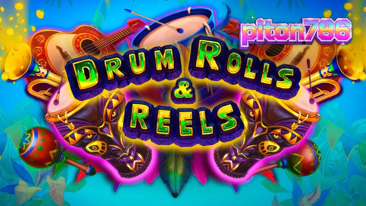 Tampilan layar game slot Drum Rolls & Reels dengan tema karnaval Brasil yang cerah dan meriah.